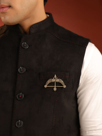 The Beaded Heritage Dhanush brooch - antique gold brooch for men with beaded heritage dhanush motif, angled view