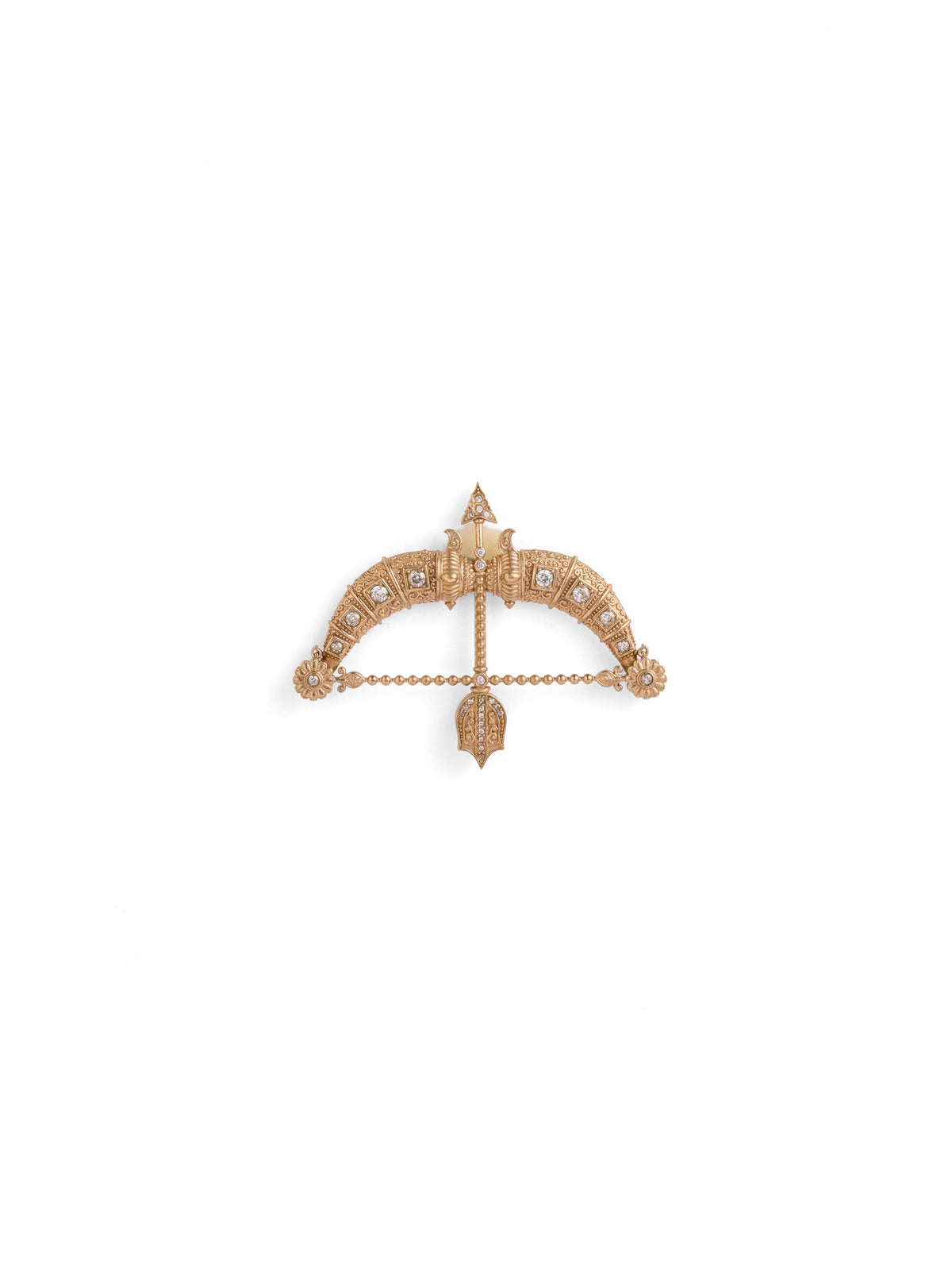 The Crystal Maharaja Dhanush brooch - antique gold brooch for men with crystal maharaja dhanush motif, flat lay