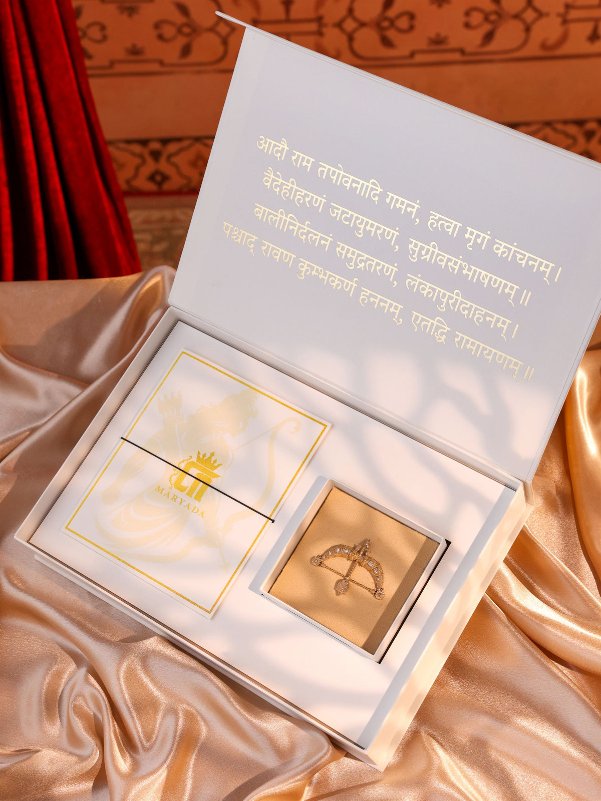 The Crystal Maharaja Dhanush brooch - antique gold brooch for men with crystal maharaja dhanush motif, three-quarter view