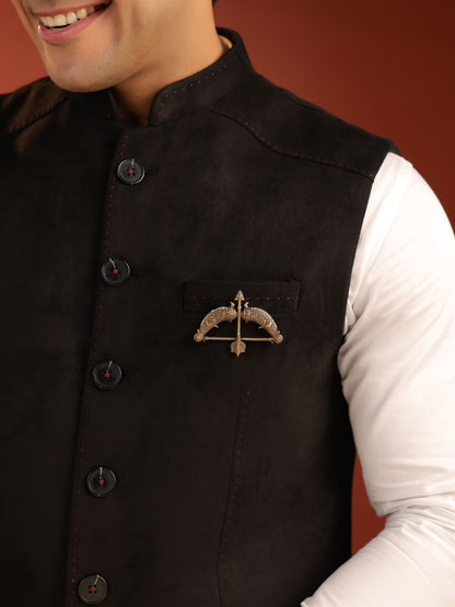 The Peacock Heritage Dhanush brooch - antique gold brooch for men with peacock heritage dhanush motif, angled view