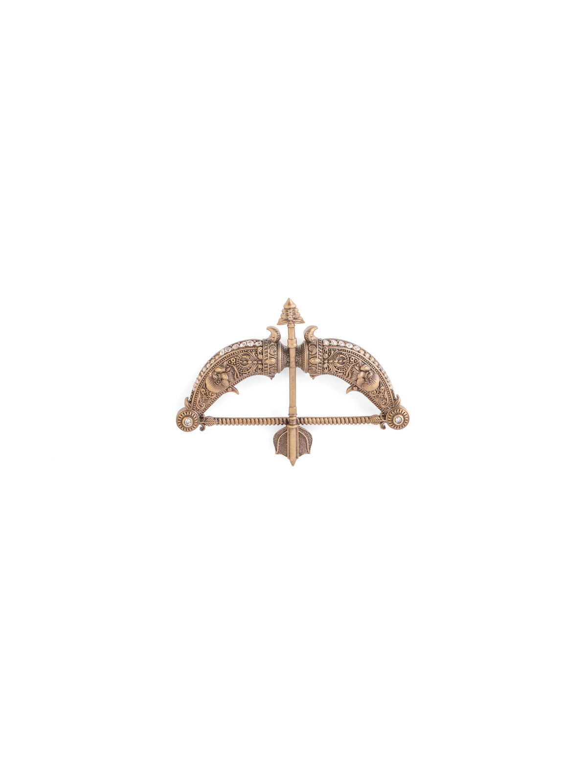 The Peacock Heritage Dhanush brooch - antique gold brooch for men with peacock heritage dhanush motif, flat lay