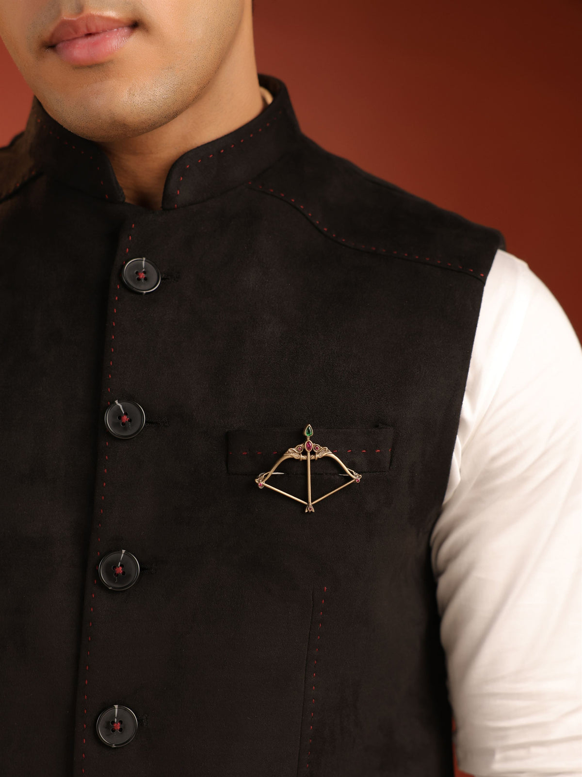The Ratna Royal Dhanush brooch - antique gold brooch for men with ratna royal dhanush motif, angled view