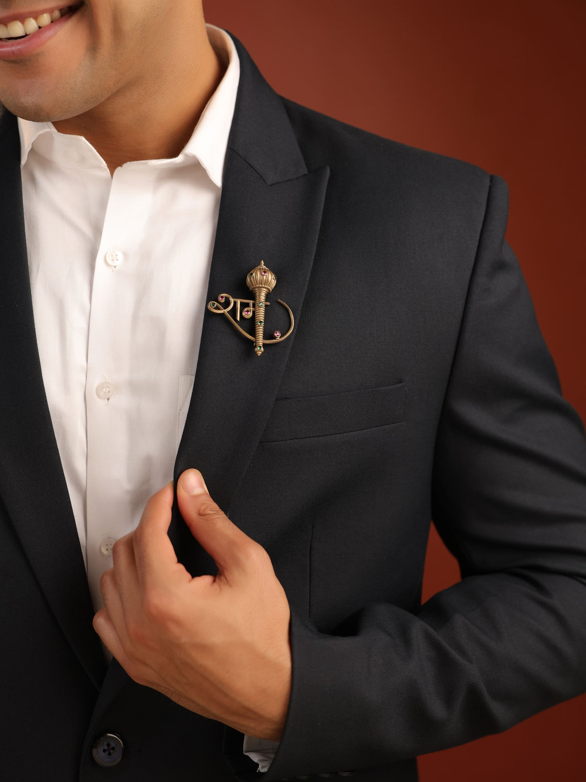 The Shri Ram Royal Gada brooch - antique gold brooch for men with shri ram royal gada motif, front view