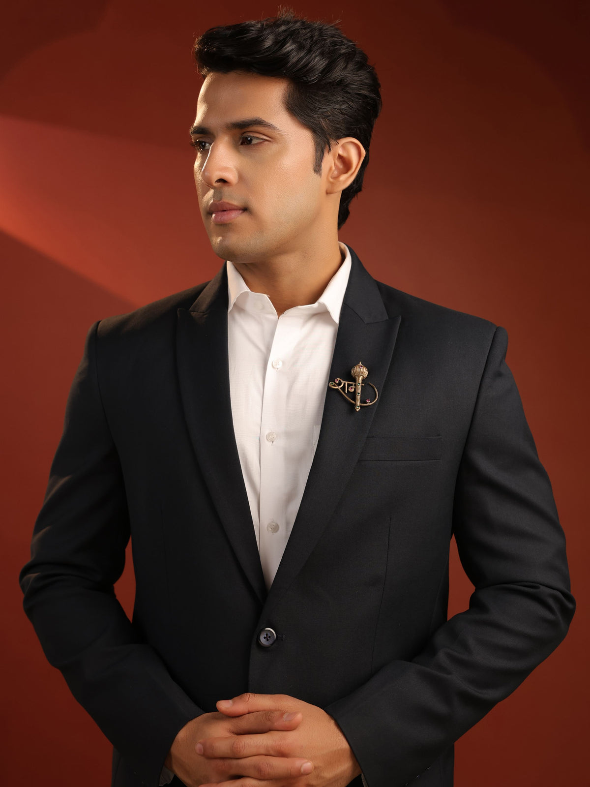 The Shri Ram Royal Gada brooch - antique gold brooch for men with shri ram royal gada motif, worn on outfit