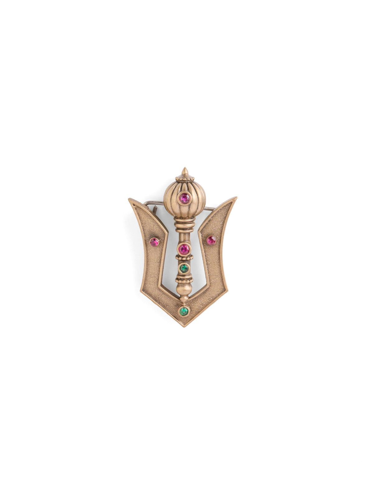 The Navratna Shakti Gada brooch - antique gold brooch for men with navratna shakti gada motif, detail view