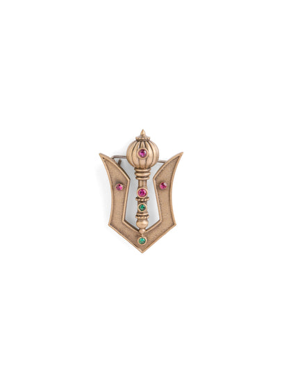 The Navratna Shakti Gada brooch - antique gold brooch for men with navratna shakti gada motif, detail view