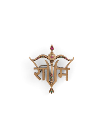 The Shri Ram Dhanush Gada brooch - antique gold brooch for men with shri ram dhanush gada motif, detail view