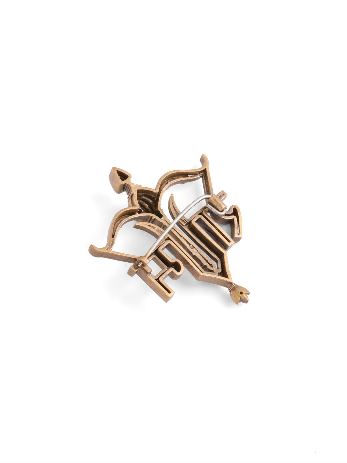 The Shri Ram Dhanush Gada brooch - antique gold brooch for men with shri ram dhanush gada motif, back view