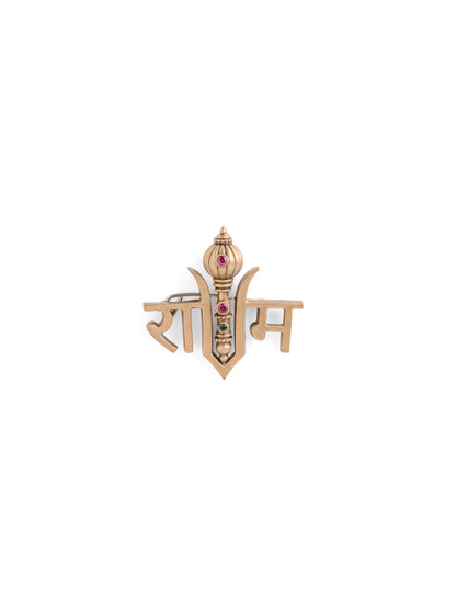 The Shri Ram Shakti Gada brooch - antique gold brooch for men with shri ram shakti gada motif, detail view