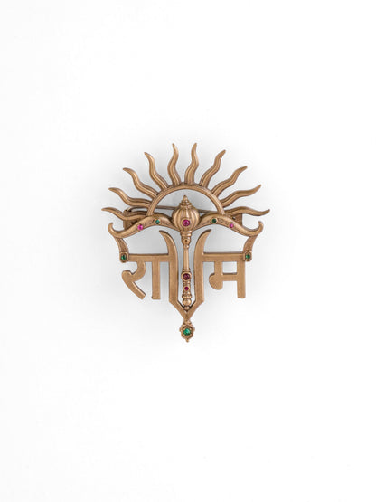 The Surya Shri Ram Gada brooch - antique gold brooch for men with surya shri ram gada motif, detail view