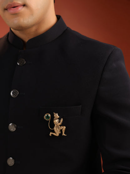 The Bhakt Hanuman Emerald brooch - antique gold brooch for men with bhakt hanuman emerald motif, worn on outfit