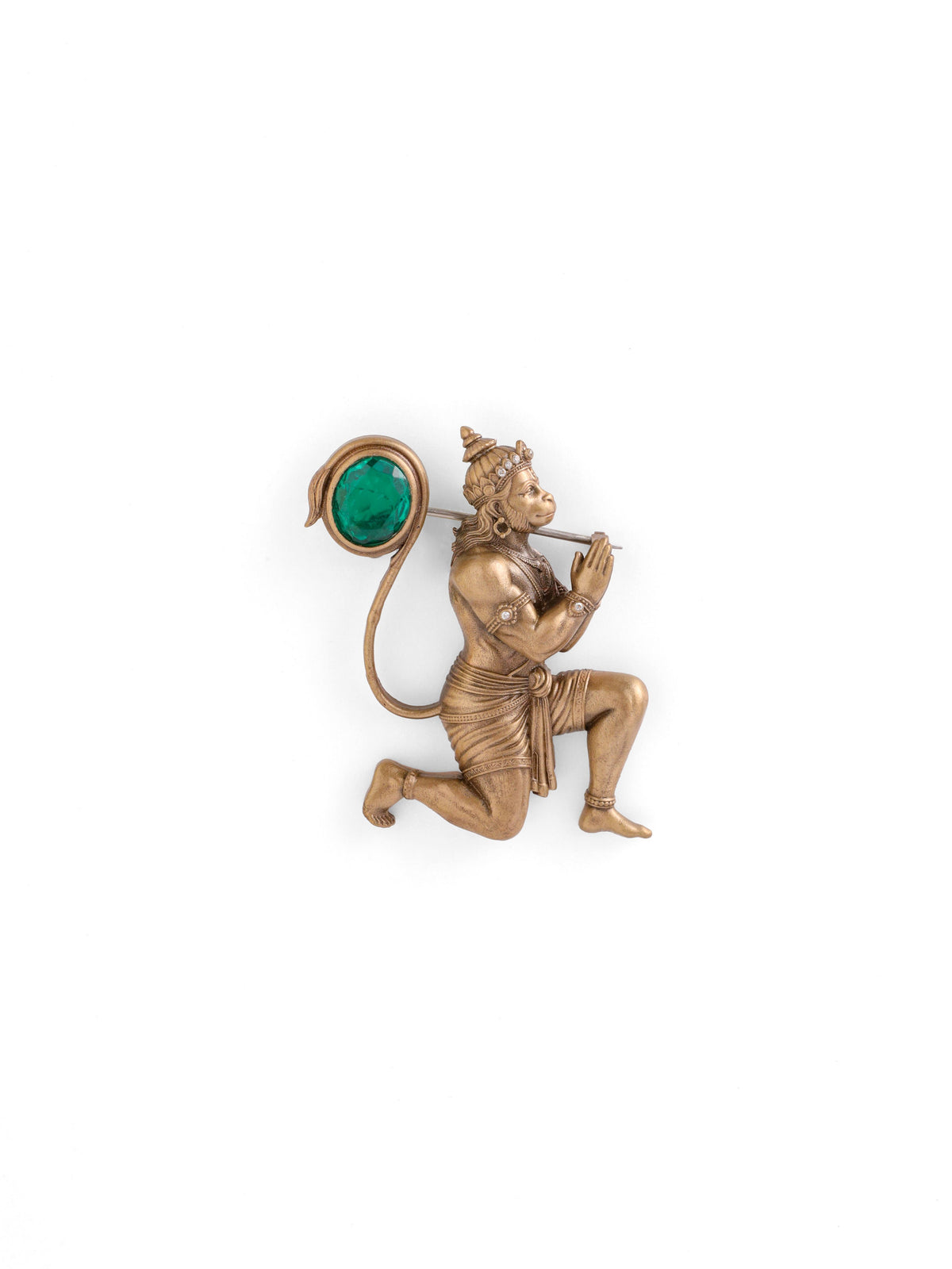 The Bhakt Hanuman Emerald brooch - antique gold brooch for men with bhakt hanuman emerald motif, detail view