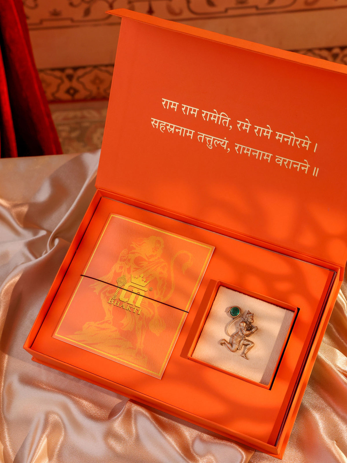 The Bhakt Hanuman Emerald brooch - antique gold brooch for men with bhakt hanuman emerald motif, angled view