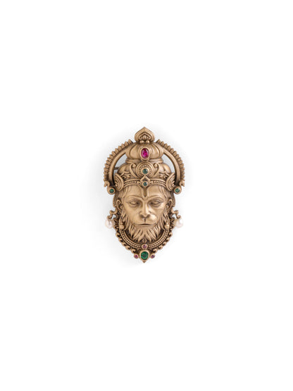 The Royal Hanuman Mukut brooch - antique gold brooch for men with royal hanuman mukut motif, detail view
