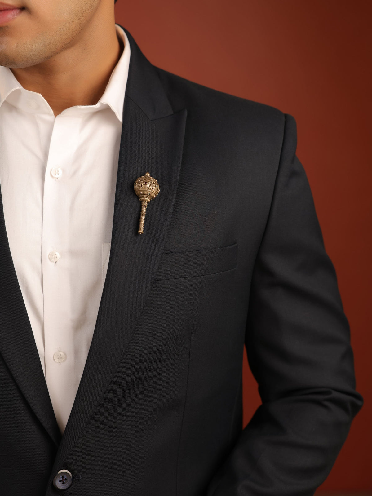 The Ram Darbar Gada brooch - antique gold brooch for men with ram darbar gada motif, worn on outfit