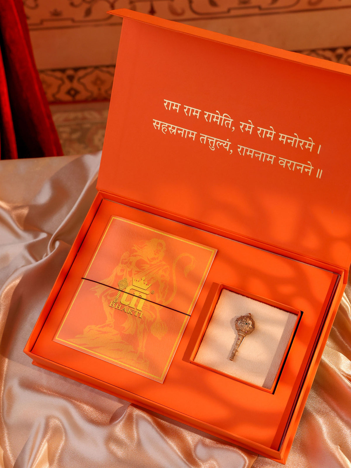 The Ram Darbar Gada brooch - antique gold brooch for men with ram darbar gada motif, angled view