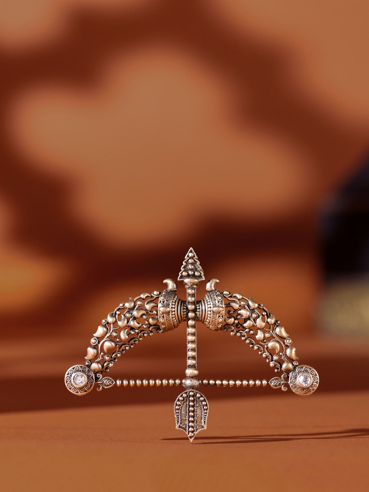 Veer Dhanush brooch - antique gold brooch for men with veer dhanush motif, worn on outfit
