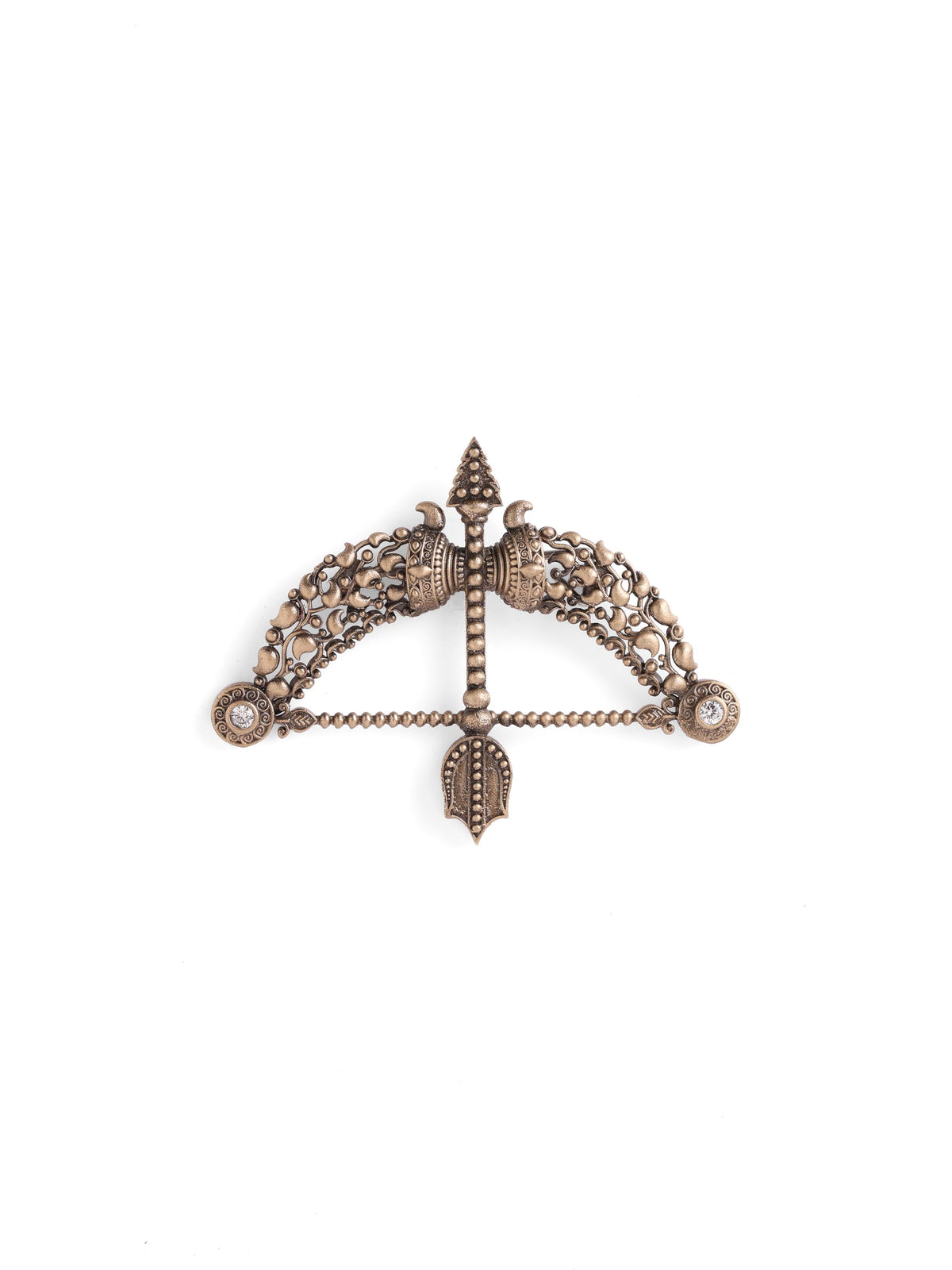 Veer Dhanush brooch - antique gold brooch for men with veer dhanush motif, detail view