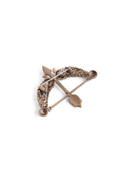 Veer Dhanush brooch - antique gold brooch for men with veer dhanush motif, close-up view