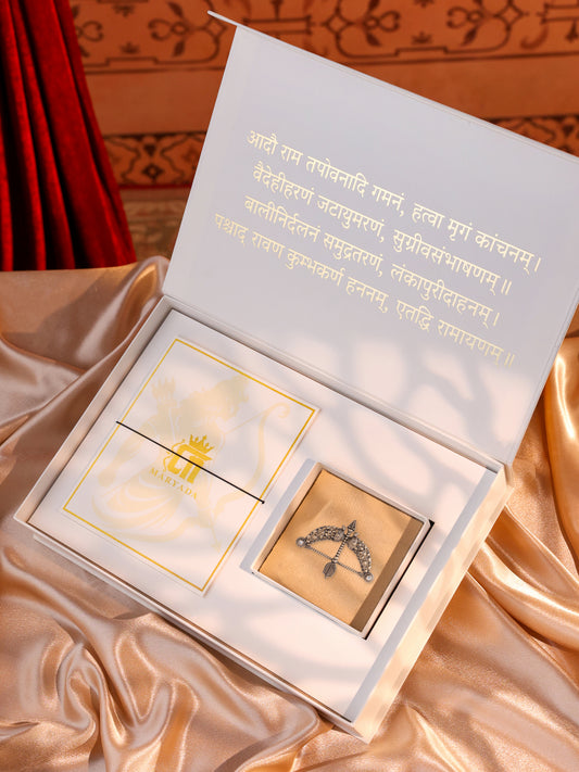 Veer Dhanush Brooch - antique gold brooch for men with veer dhanush motif, worn on outfit