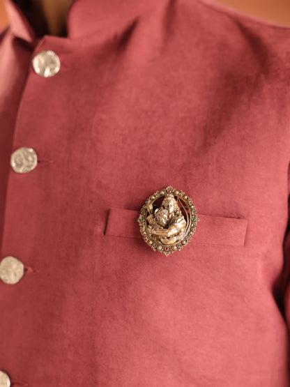 Ram Anjaneya brooch - antique gold brooch for men with ram anjaneya motif, worn on outfit