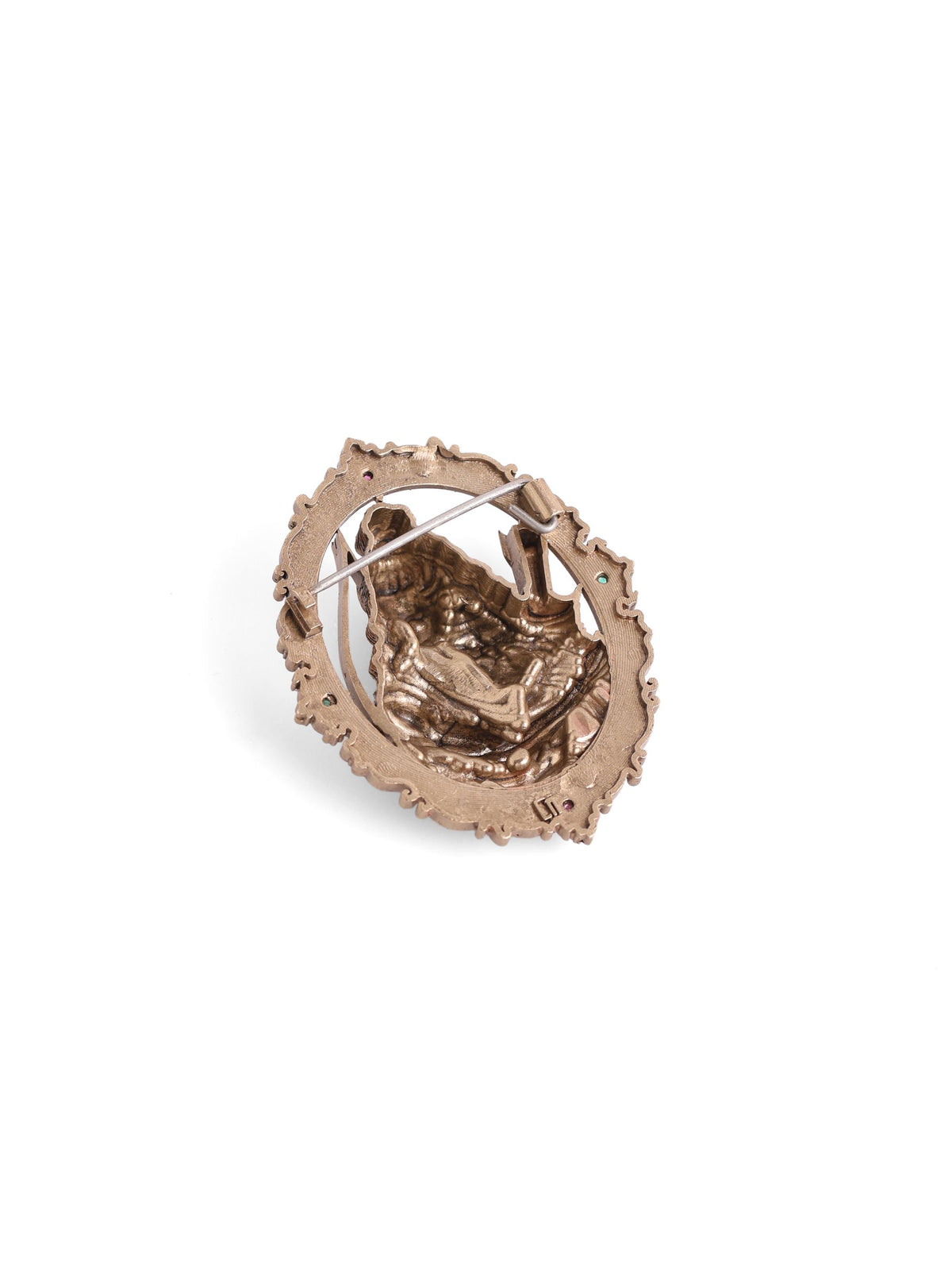 Ram Anjaneya brooch - antique gold brooch for men with ram anjaneya motif, close-up view