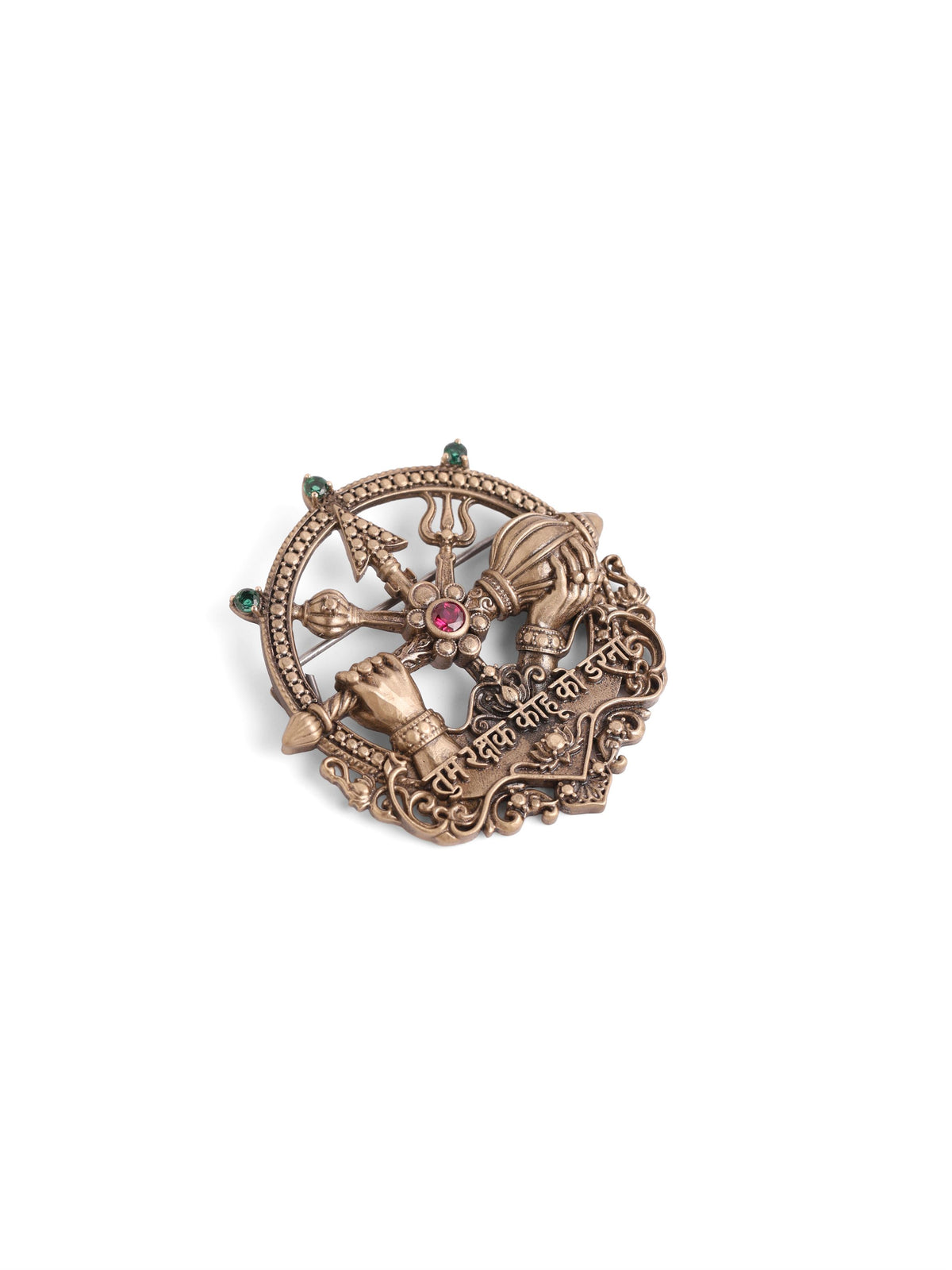Rakshak Shastra brooch - antique gold brooch for men with rakshak shastra motif, detail view