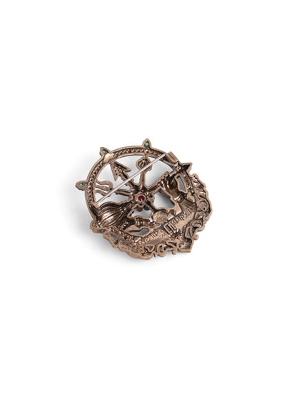 Rakshak Shastra brooch - antique gold brooch for men with rakshak shastra motif, close-up view