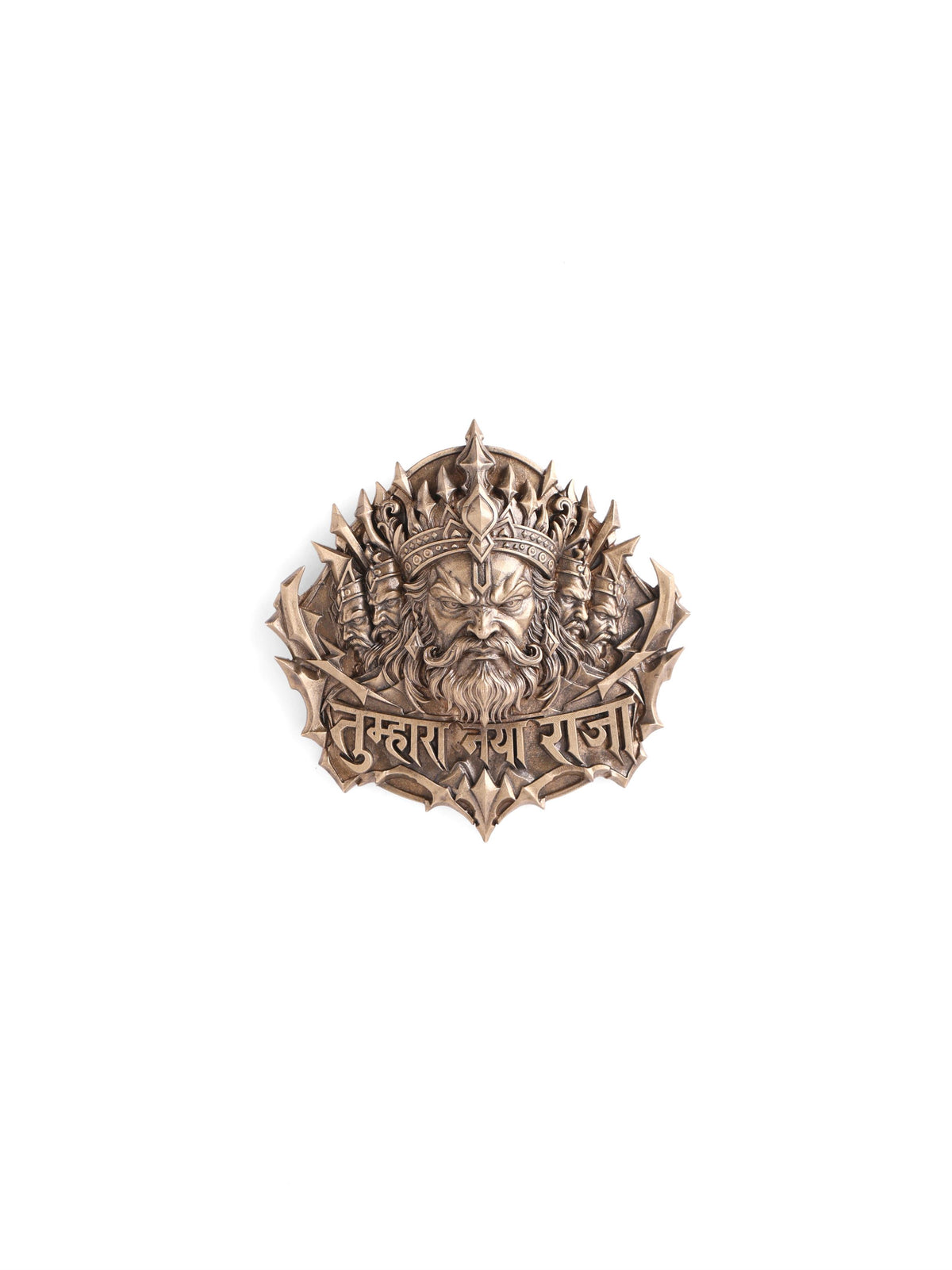 Maharaja Ravan brooch - antique gold brooch for men with maharaja ravan motif, detail view