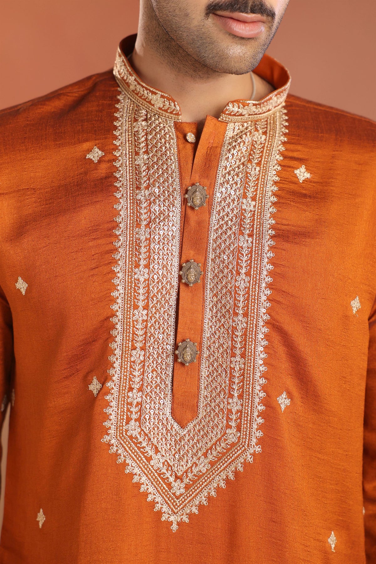 Hanumat Raj button Cover - antique gold accessory for men with hanumat raj cover motif, front view