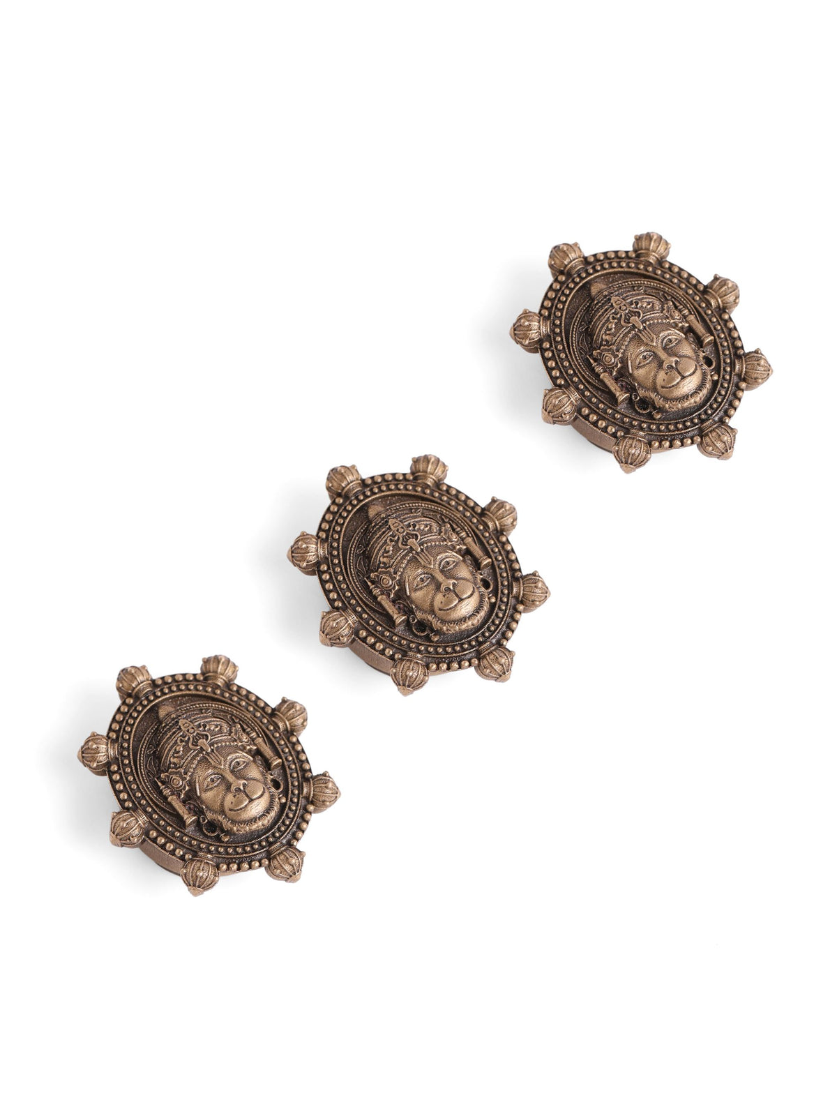 Hanumat Raj button Cover - antique gold accessory for men with hanumat raj cover motif, detail view