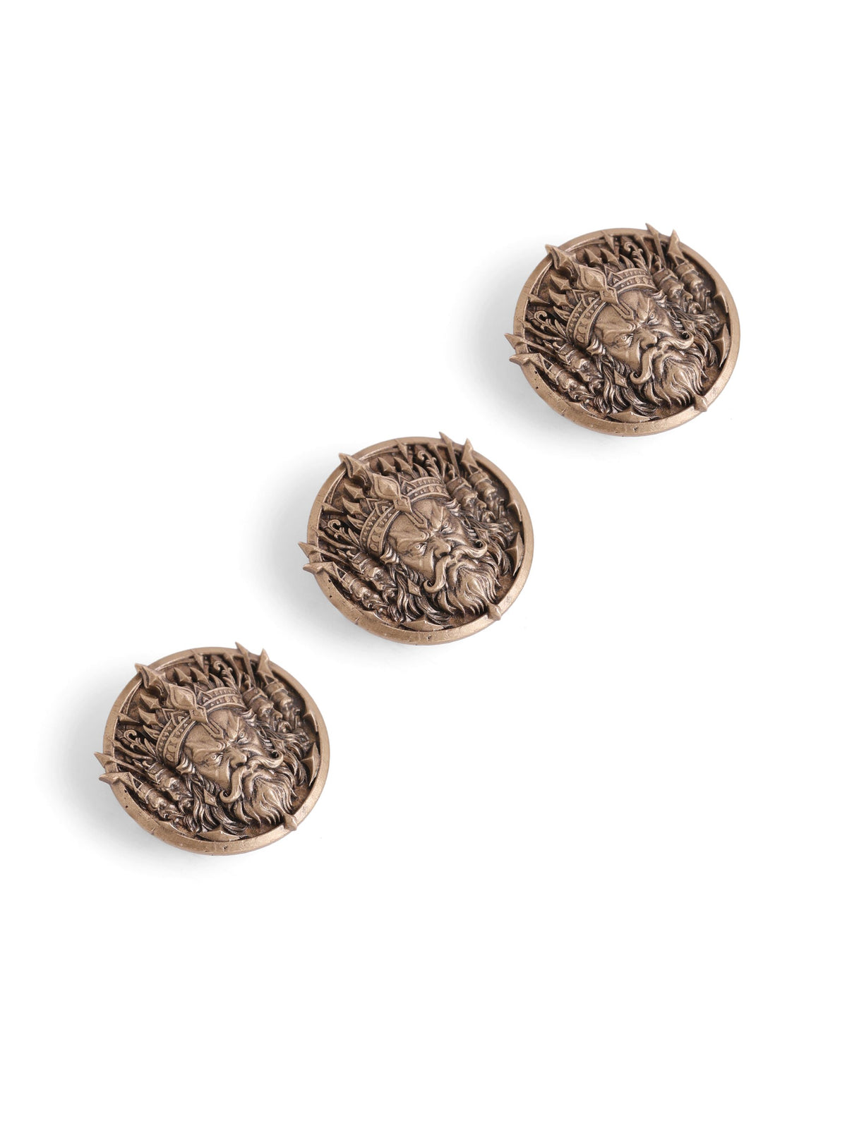 Lankesh Crest button Cover - antique gold accessory for men with lankesh crest cover motif, detail view