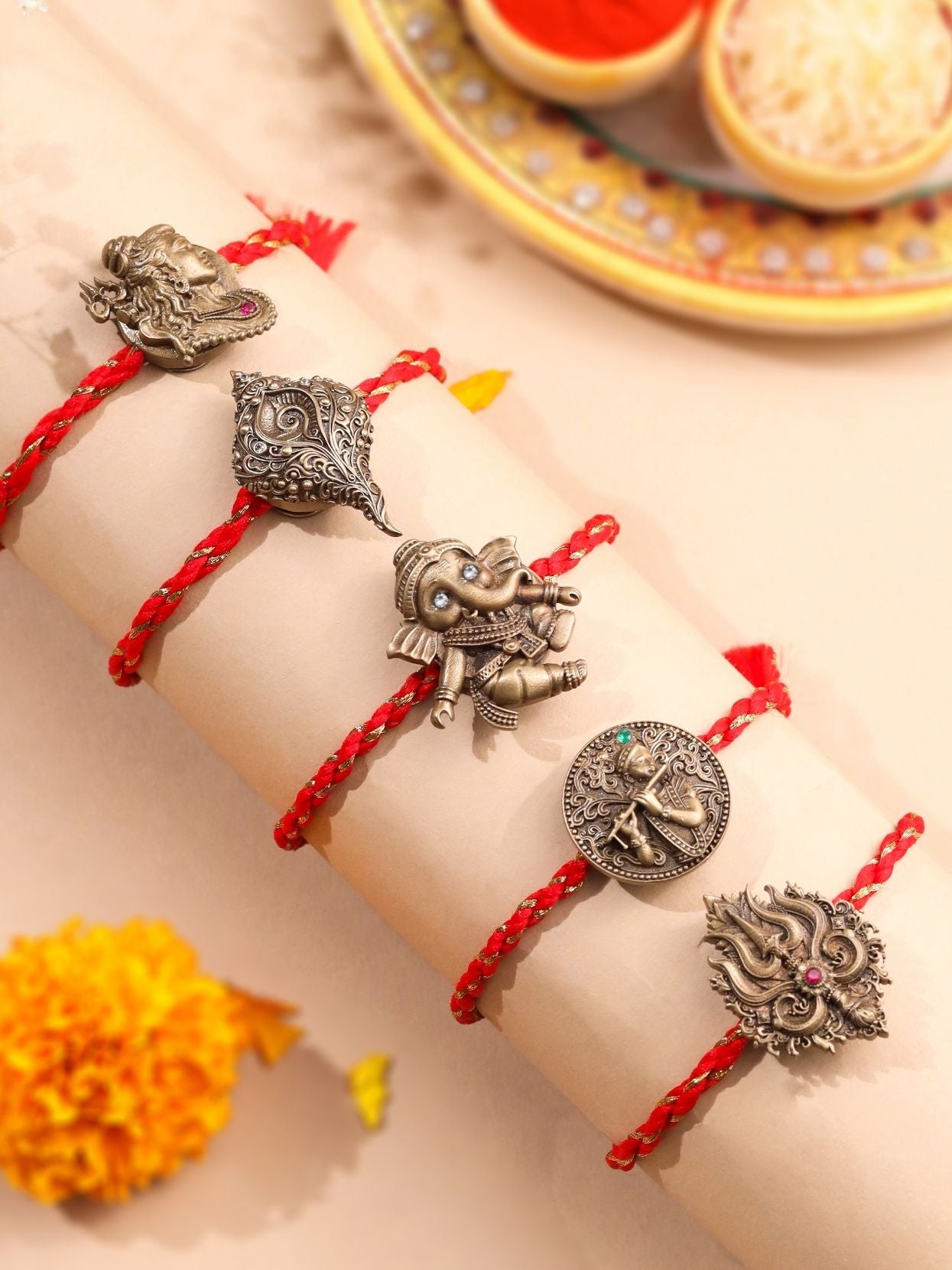 Lord Krishna, Shiva, Ganesha, Trishul & Shankh Premium Rakhi Button Cover – Pack of 5