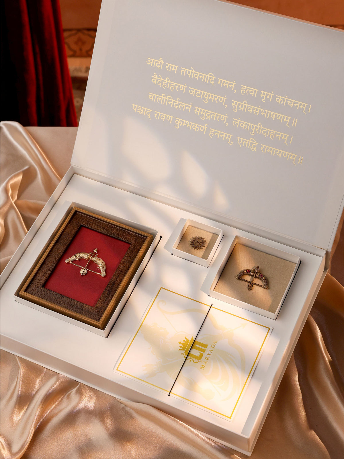 Ramayana Divine Legacy gift set - antique gold gift set for men with ramayana divine legacy motif, angled view