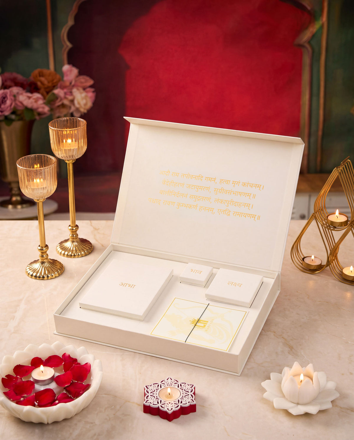 Ramayana Divine Legacy gift set - antique gold gift set for men with ramayana divine legacy motif, profile view