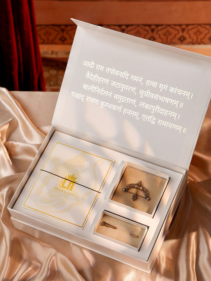 Divine Dhanush gift set - antique gold gift set for men with divine dhanush motif, angled view