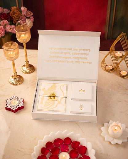 Divine Dhanush gift set - antique gold gift set for men with divine dhanush motif, three-quarter view