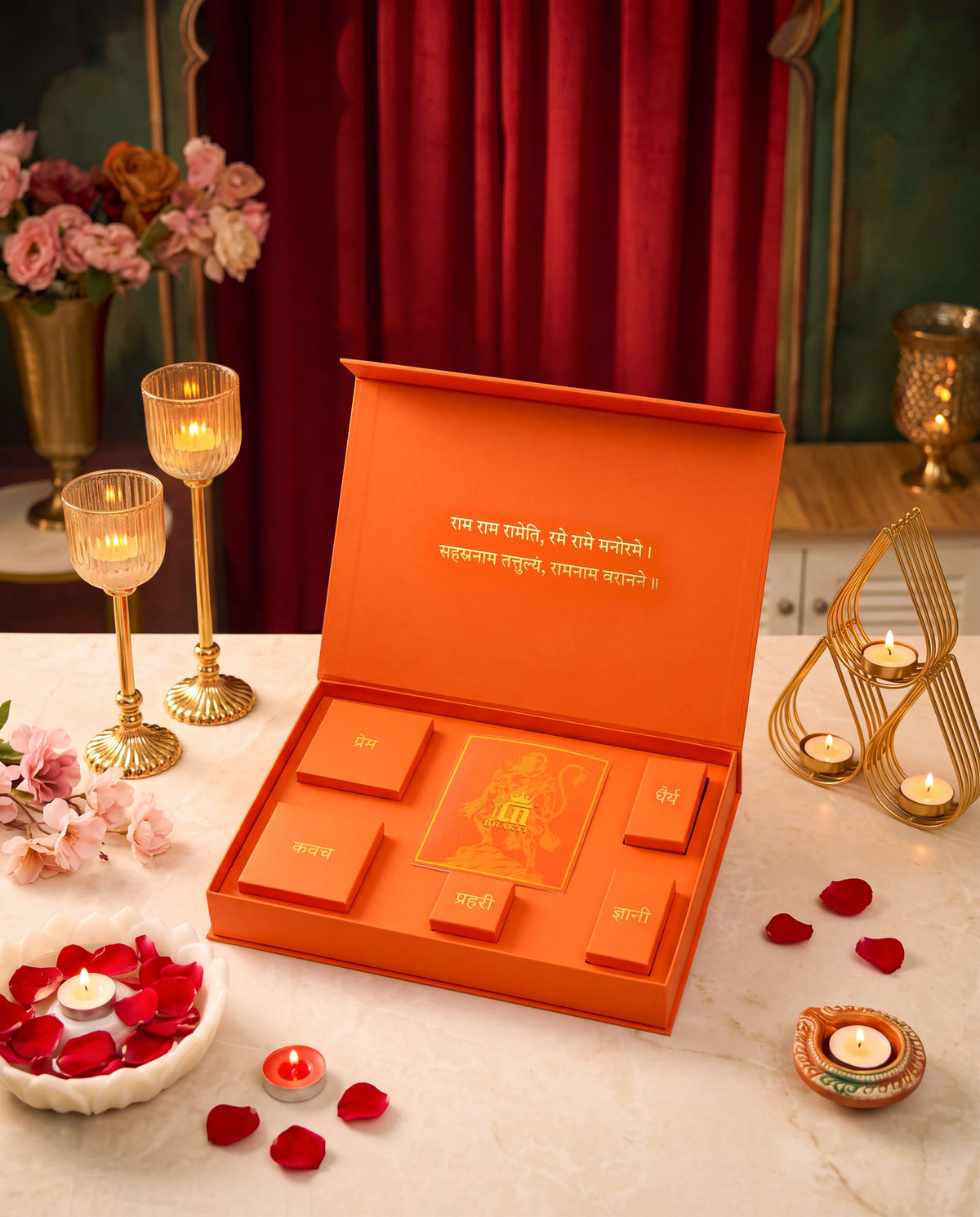Divine Hanuman Legacy gift set - antique gold gift set for men with divine hanuman legacy motif, angled view (2)