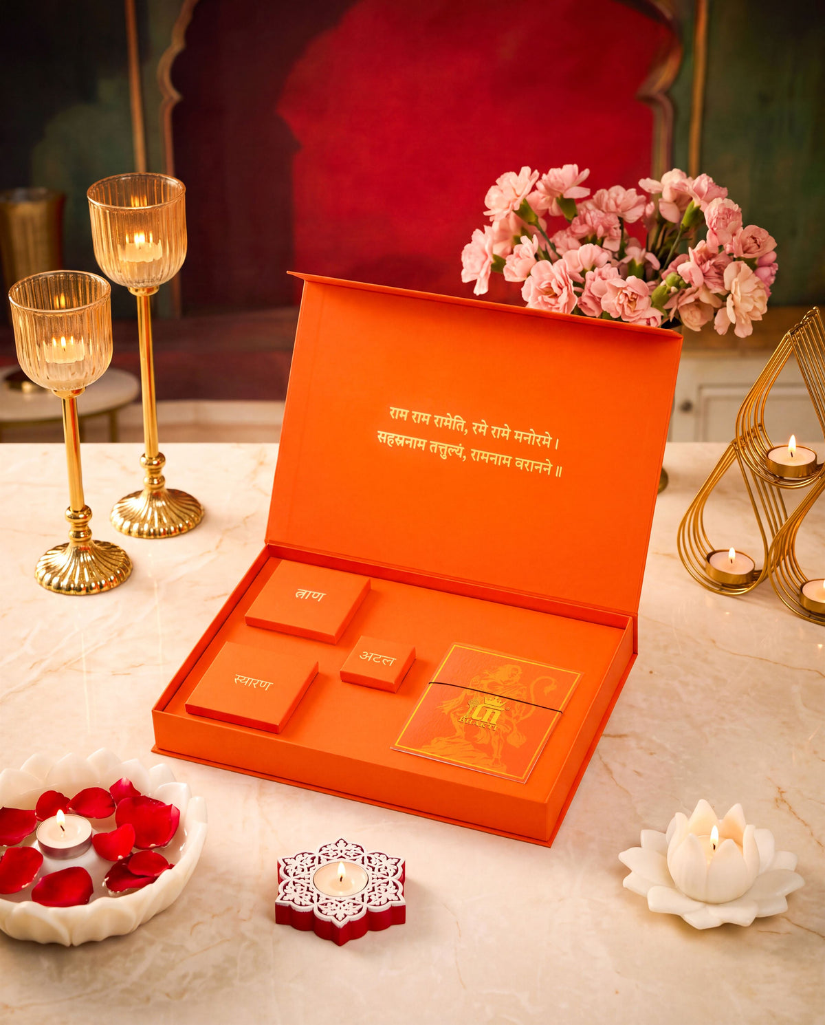Hanuman Kavach gift set - antique gold gift set for men with hanuman kavach motif, profile view