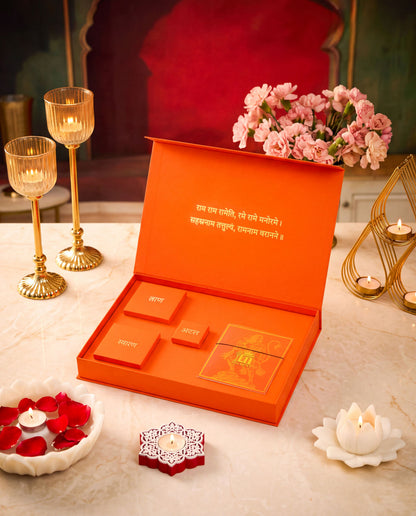 Hanuman Kavach gift set - antique gold gift set for men with hanuman kavach motif, profile view