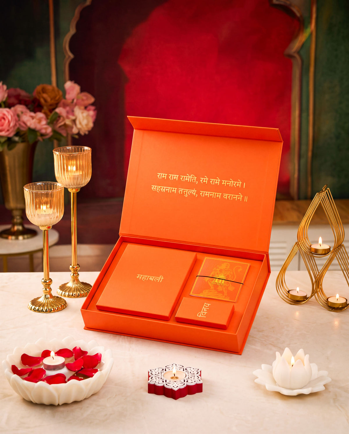 Hanuman Shakti gift set - antique gold gift set for men with hanuman shakti motif, profile view