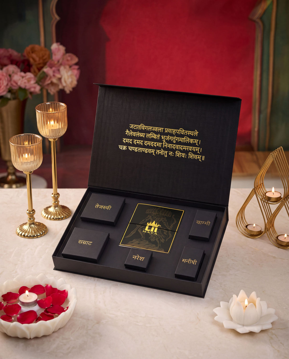 Ravana Rajya Legacy gift set - antique gold gift set for men with ravana rajya legacy motif, profile view