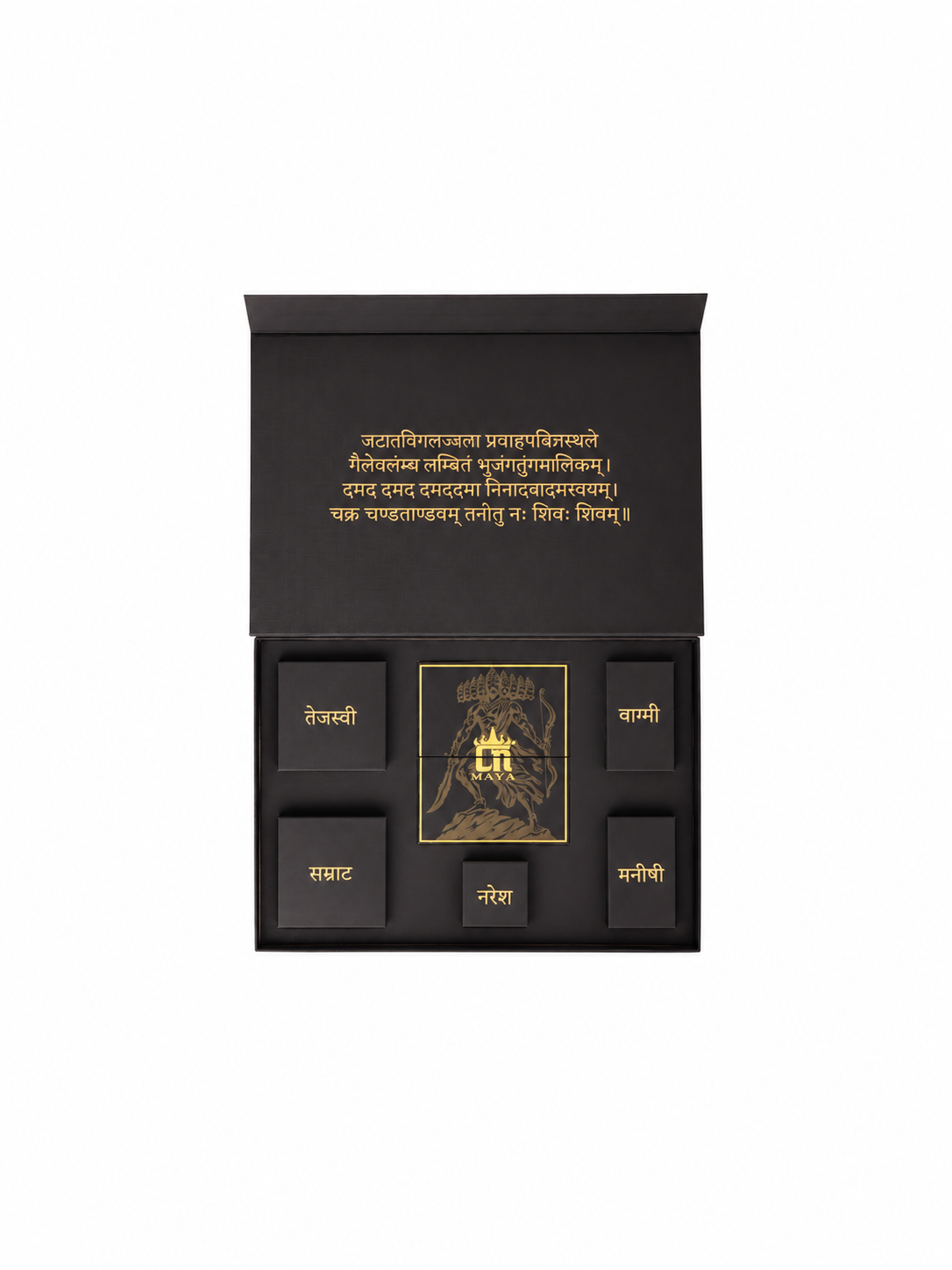 Ravana Rajya Legacy gift set - antique gold gift set for men with ravana rajya legacy motif, flat lay
