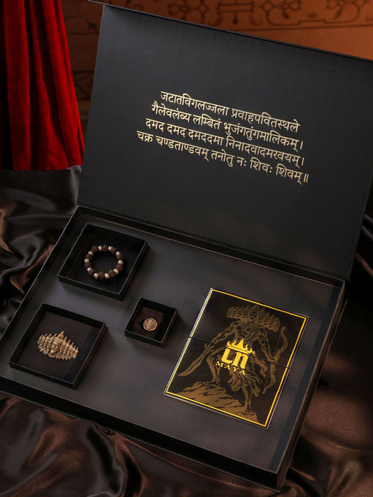 Dashanan Heritage gift set - antique gold gift set for men with dashanan heritage motif, angled view