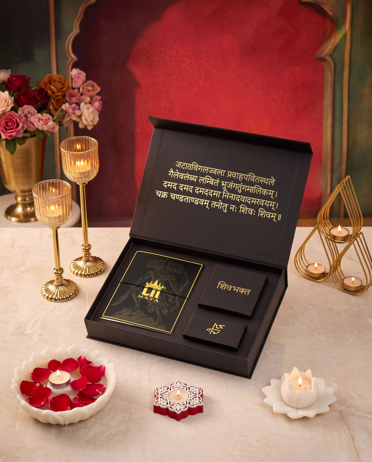Ravana Shiv Bhakti gift set - antique gold gift set for men with ravana shiv bhakti motif, angled view (2)