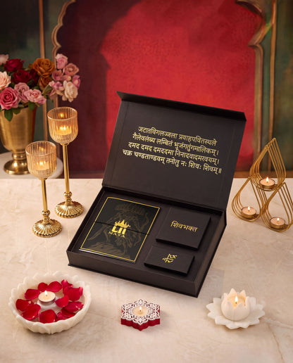 Ravana Shiv Bhakti gift set - antique gold gift set for men with ravana shiv bhakti motif, angled view (2)