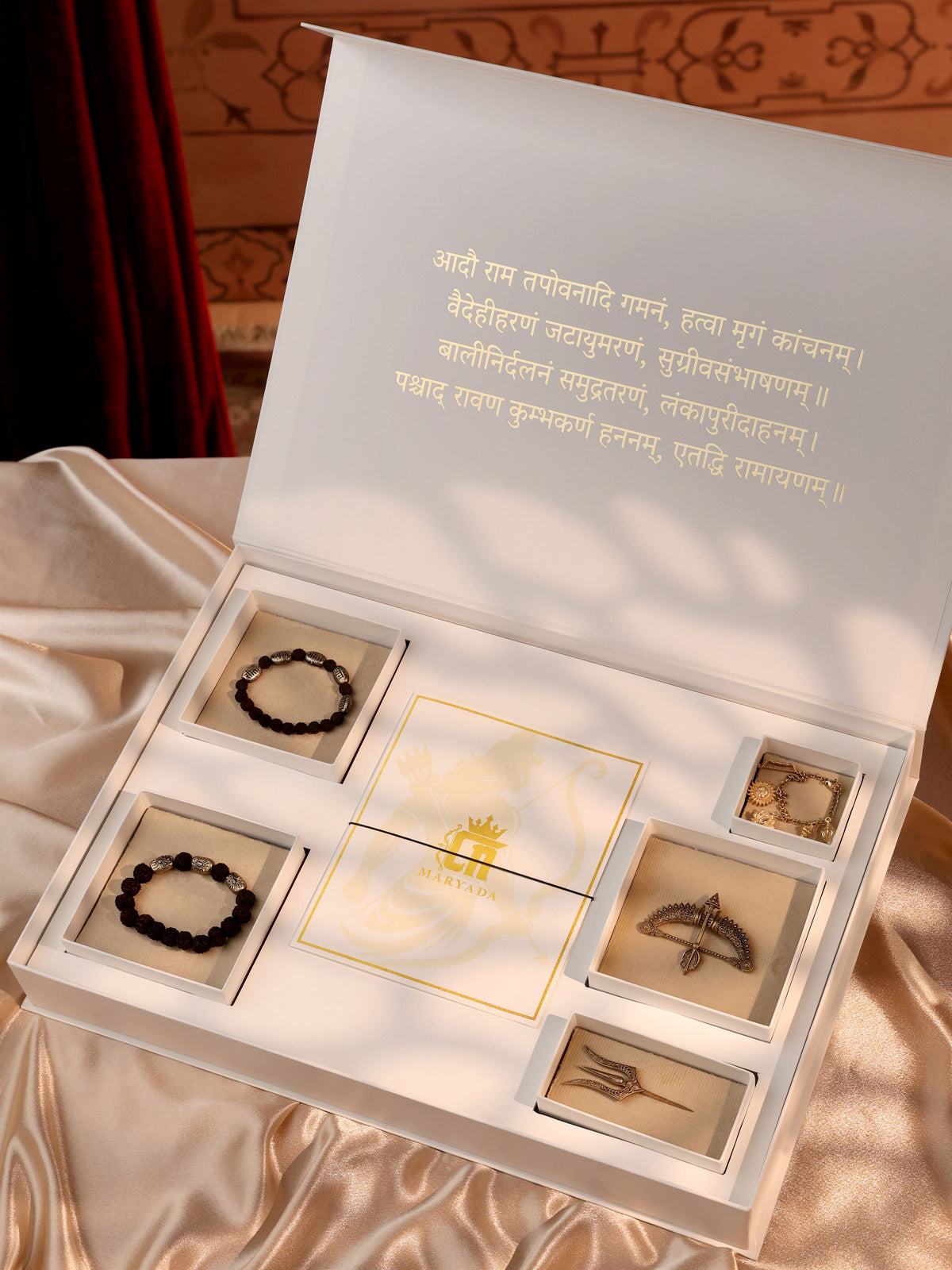The Divine Protection gift set - antique gold gift set for men with divine protection motif, angled view