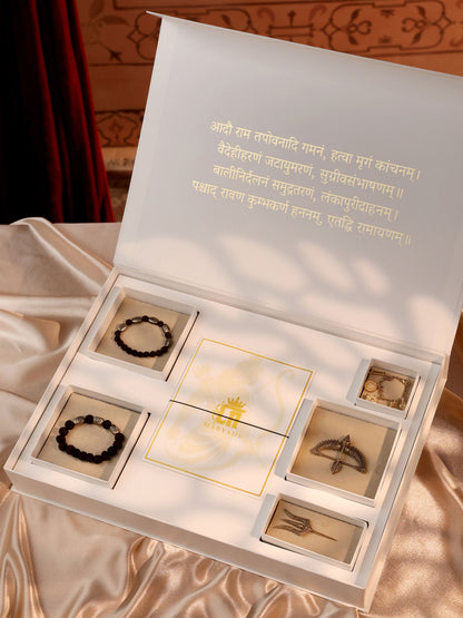 The Divine Protection gift set - antique gold gift set for men with divine protection motif, angled view