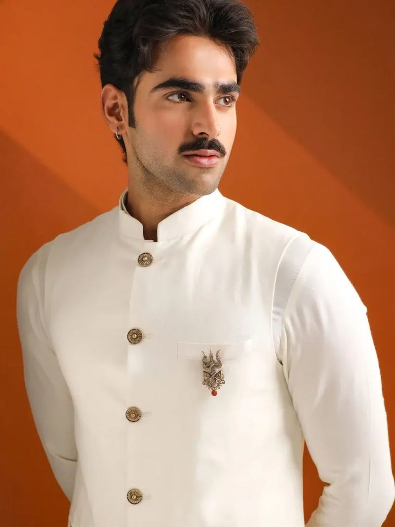 Nehru jacket styling with brooch