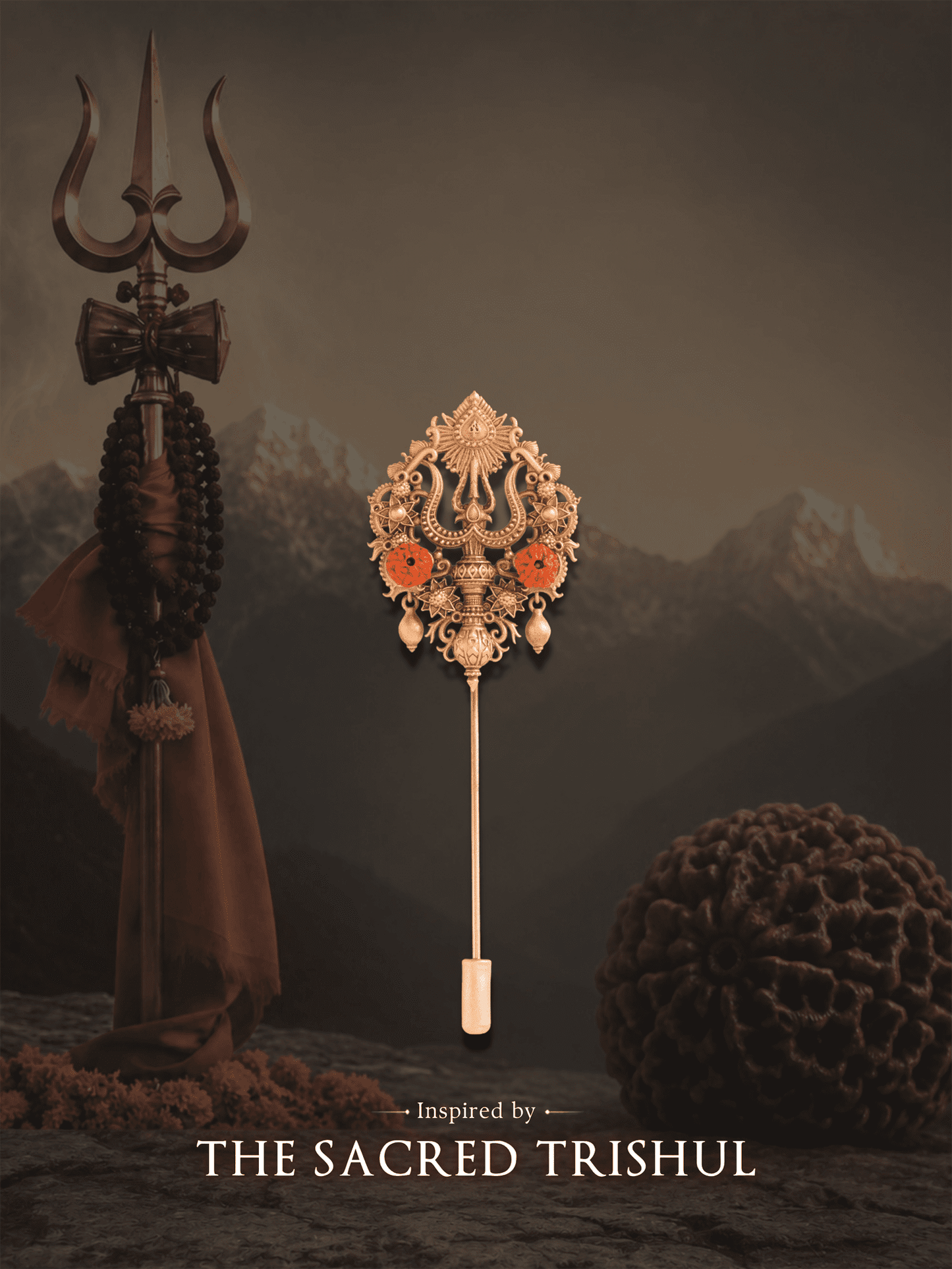 Rudraksha Trishul Antique Gold Lapel Pin for Men